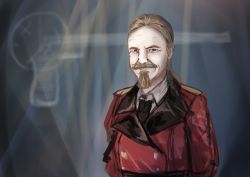 Rule 34 | 1boy, absurdres, blonde hair, crossover, epaulettes, facial hair, forgotten weapons, girls&#039; frontline, goatee, griffin &amp; kryuger military uniform, highres, ian mccollum, jacket, looking at viewer, male focus, martinreaction, military, military uniform, mustache, real life, red jacket, short hair, smile, solo, uniform, upper body