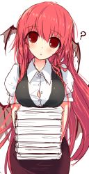 Rule 34 | 1girl, ?, book, book stack, breast rest, breasts, dress shirt, female focus, head tilt, head wings, holding, holding book, koakuma, large breasts, long hair, pandamonium, red hair, shirt, simple background, sketch, solo, touhou, unbuttoned, wings