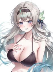 Rule 34 | 1girl, alternate costume, bare shoulders, bikini, black bikini, black bow, blue eyes, blush, bow, breasts, cleavage, collarbone, commentary, english commentary, firefly (honkai: star rail), gradient hair, green hair, grey hair, hair between eyes, hair bow, hair intakes, hair ornament, hand on own chest, highres, honkai: star rail, honkai (series), iro (iro 252 ), large breasts, long hair, looking at viewer, multicolored hair, navel, purple eyes, sidelocks, simple background, smile, solo, stomach, swimsuit, teeth, two-tone eyes, upper body, white background