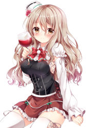 Rule 34 | 10s, 1girl, alcohol, blush, breasts, brown eyes, cup, drinking glass, frilled skirt, frills, grey hair, hair between eyes, hat, jpeg artifacts, kantai collection, long hair, long sleeves, medium breasts, miniskirt, nogi takayoshi, pola (kancolle), red skirt, ribbon, skirt, smile, solo, thighhighs, wavy hair, white thighhighs, wine, wine glass