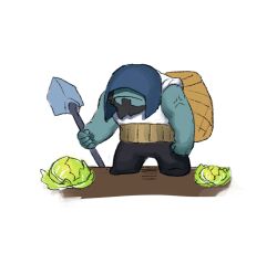 Rule 34 | 1boy, anger vein, basket, beard, black hair, black pants, chibi, closed mouth, colored skin, facial hair, food, frown, full body, green skin, highres, holding, holding shovel, hood, hood up, league of legends, pants, shovel, simple background, standing, white background, wosashimi, yorick (league of legends)