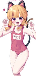 Rule 34 | &gt;:), 1girl, absurdres, alternate costume, animal ear headphones, animal ears, bare arms, bare legs, bare shoulders, blonde hair, blue archive, blush, cat ear headphones, cat tail, claw pose, collarbone, commentary, covered navel, fake animal ears, foot out of frame, halo, headphones, heart, highres, looking at viewer, metaljelly, momoi (blue archive), name tag, one-piece swimsuit, open mouth, red eyes, red one-piece swimsuit, short hair, simple background, smile, solo, sparkling eyes, standing, standing on one leg, swimsuit, symbol-only commentary, tail, tareme, thighs, v-shaped eyebrows, wet, white background