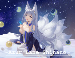 Rule 34 | 1girl, absurdres, animal ear fluff, animal ears, azur lane, blue collar, blue kimono, breasts, bug, butterfly, character name, collar, copyright name, fox ears, fox girl, fox tail, highres, insect, japanese clothes, kimono, kitsune, kyuubi, large breasts, large tail, long hair, long sleeves, looking at viewer, moon phases, multiple tails, night, open mouth, ping zhong yu, purple eyes, shinano (azur lane), sitting, skirt, skirt under kimono, sky, solo, star (sky), starry sky, tail, thighhighs, very long hair, wariza, white hair, white skirt, white tail, white thighhighs, wide sleeves, wrist flower
