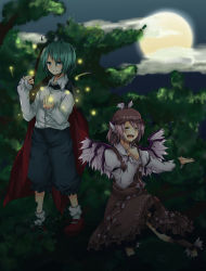 Rule 34 | 2girls, animal ears, antennae, arms up, bad id, bad pixiv id, brown dress, bug, cape, cloud, dress, ear piercing, earrings, female focus, fingernails, fireflies, firefly, full moon, green hair, grey eyes, hand on own chest, haru minami, hat, highres, bug, jewelry, long fingernails, moon, multiple girls, music, mystia lorelei, night, open mouth, outstretched hand, piercing, pink hair, reverse trap, shirt, short hair, shorts, singing, sitting, sky, smile, standing, touhou, tree, wings, wriggle nightbug, yellow eyes