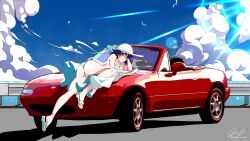 Rule 34 | 1girl, absurdres, arm support, ass, bird, blue sky, breasts, car, cloud, cloudy sky, collarbone, commentary, convertible, dress, english commentary, eunos roadster, eyelashes, full body, hat, head rest, highres, jub jub, koimonogatari, legs, looking at viewer, lying, mazda mx-5, mazda mx-5 na, medium breasts, medium hair, monogatari (series), motor vehicle, official alternate costume, on side, on vehicle, outdoors, purple hair, red car, ribbon, sandals, seagull, senjougahara hitagi, shadow, signature, sky, sleeveless, solo, sun hat, thighs, toes, twitter username, white dress, white ribbon
