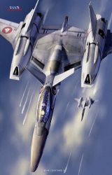 Rule 34 | aircraft, airplane, asterozoa, canopy (aircraft), cloud, fighter jet, flying, from above, jet, macross, macross flashback 2012, mecha, military, military vehicle, motion blur, no humans, robot, roundel, science fiction, sky, variable fighter, vehicle focus, vf-4