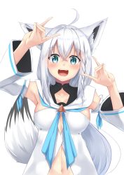 Rule 34 | 1girl, :d, absurdres, ahoge, animal ears, armpits, blue eyes, braid, breasts, cleavage cutout, clothing cutout, collarbone, commentary request, detached sleeves, fox ears, fox shadow puppet, fox tail, hair between eyes, hand up, highres, hololive, long hair, looking at viewer, medium breasts, miki miki, navel, open mouth, shirakami fubuki, shirakami fubuki (1st costume), simple background, single braid, smile, solo, tail, teeth, upper teeth only, virtual youtuber, white background, white hair