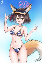 Rule 34 | 1girl, :d, absurdres, animal ear fluff, animal ears, arm up, bare arms, bare shoulders, bikini, blue archive, blue bikini, blue sky, blush, breasts, brown eyes, brown hair, cloud, collarbone, commentary, day, double fox shadow puppet, english commentary, fang, fox ears, fox girl, fox shadow puppet, fox tail, gluteal fold, hair between eyes, halo, hand up, hat, highres, izuna (blue archive), izuna (swimsuit) (blue archive), looking at viewer, medium breasts, navel, one side up, open mouth, orange hat, outdoors, rylaera, short hair, signature, sky, smile, solo, standing, striped bikini, striped clothes, swimsuit, tail, visor cap