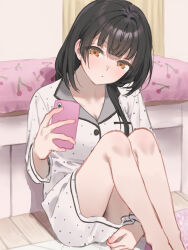 Rule 34 | 1girl, bare legs, black hair, blush, breasts, cellphone, cherry print, cleavage, commentary request, feet out of frame, food print, head tilt, highres, holding, holding phone, idolmaster, idolmaster shiny colors, indoors, knees up, looking at phone, mayuzumi fuyuko, phone, sitting, sleepwear, solo, yumeme 818