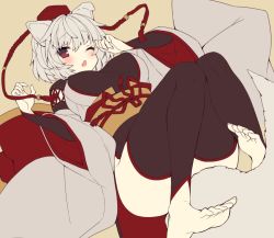 Rule 34 | 1girl, ;o, animal ears, arm warmers, barefoot, black leggings, blush, breasts, commentary request, covered erect nipples, feet, flat color, grey hair, hat, highres, inubashiri momiji, kourindou tengu costume, large breasts, leggings, long sleeves, looking at viewer, lying, medium hair, on back, one eye closed, red eyes, red hat, simple background, soles, solo, tail, toes, tokin hat, touhou, unfinished, usamata, wide sleeves, wolf ears, wolf tail, yellow background
