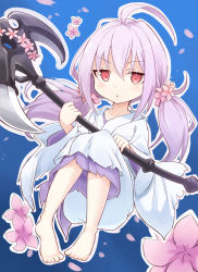 Rule 34 | barefoot, demon girl, duel monster, ghost reaper &amp; winter cherries, highres, holding, holding weapon, japanese clothes, kimono, long hair, looking at viewer, red eyes, sash, scythe, senhappyaku, solo, torn clothes, twintails, weapon, yu-gi-oh!