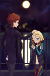 Rule 34 | 1boy, 1girl, absurdres, age difference, black jacket, black pants, black vest, blonde hair, blue eyes, blurry, blurry background, blush, brown eyes, brown hair, building, business suit, child, city lights, closed mouth, cloud, cloudy sky, colorized, commentary, feet out of frame, formal, from side, full moon, gazing eye, glowing, grey pants, haimura kiyotaka, hand in pocket, hand on own chest, hand up, hands up, headpat, headphones, headphones around neck, height difference, highres, jacket, kamisato kakeru, long sleeves, looking at another, medium hair, moon, moonlight, multicolored sleeves, navel, night, night sky, one eye closed, outdoors, pants, patricia birdway, reflection, reflective water, river, shirt, short hair, sky, smile, spandex, spoilers, standing, stomach, suit, third-party edit, toaru majutsu no index, toaru majutsu no index: new testament, track suit, vest, water, white shirt