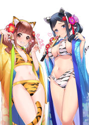 Rule 34 | 2girls, animal ears, animal print, bikini, black hair, blue eyes, breasts, brown eyes, brown hair, claw pose, cleavage, covered erect nipples, flower, grin, hair flower, hair ornament, hairband, happy new year, healin&#039; good precure, highres, hiramitsu hinata, large breasts, looking at viewer, mole, mole on breast, multiple girls, nail polish, navel, new year, precure, robe, rumo, sawaizumi chiyu, small breasts, smile, swimsuit, tail, thighs, tiger ears, tiger print, tiger stripes, tiger tail, twintails