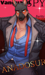 Rule 34 | 1boy, animal ear fluff, animal ears, another eidos-r, bara, barlitz (another eidos), black coat, black fur, black pants, blue eyes, blue shirt, brown fur, character name, coat, collared shirt, commentary request, copyright name, cowboy shot, dobermann, dog boy, dog ears, furry, furry male, highres, itaru (kidomh63), lapels, looking at viewer, loose necktie, male focus, multicolored fur, muscular, muscular male, necktie, pants, partially unbuttoned, pectoral cleavage, pectorals, red necktie, shirt, solo, sparkle