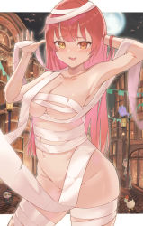 Rule 34 | 1girl, absurdres, arm behind head, armpits, ayama nano, bandaged leg, bandages, blush, breasts, collarbone, commentary, cowboy shot, english commentary, full moon, groin, hand in own hair, heterochromia, highres, hololive, houshou marine, large breasts, letterboxed, long hair, looking at viewer, moon, naked bandage, navel, night, outdoors, outside border, red eyes, red hair, shiranui (nakiri ayame), smile, string of flags, subaru duck, very long hair, virtual youtuber, yellow eyes