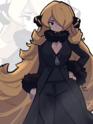 Rule 34 | 1girl, 2022, black pants, blonde hair, breasts, cleavage, coat, creatures (company), cynthia (pokemon), fur-trimmed coat, fur trim, game freak, grey eyes, hair over one eye, hand on own hip, highres, kap.o, large breasts, long hair, looking at viewer, nintendo, pants, pokemon, pokemon dppt, signature, solo, very long hair, zoom layer