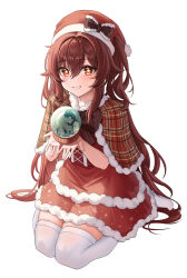 Rule 34 | 1girl, alternate costume, bow, brown bow, brown hair, dress, flower-shaped pupils, full body, genshin impact, grin, hair between eyes, hat, hat bow, highres, hu tao (genshin impact), kneeling, long hair, looking at viewer, parted lips, red dress, red eyes, santa costume, santa hat, sicle, sidelocks, simple background, smile, solo, striped capelet, symbol-shaped pupils, thighhighs, white background, white thighhighs