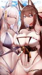 Rule 34 | 1girl, absurdres, alternate costume, amagi (azur lane), amagi (wending waters serene lotus) (azur lane), animal ear fluff, animal ears, arm up, armpits, azur lane, bikini, blush, breast press, breasts, brown hair, cleavage, closed mouth, cloud, collarbone, grey eyes, hair between eyes, hair ornament, hand on own hip, highres, large breasts, long hair, looking at viewer, navel, official alternate costume, one eye closed, parted lips, samip, shinano (azur lane), side-tie bikini bottom, sky, standing, stomach, sweat, swimsuit, symmetrical docking, thigh strap, thighs, white hair
