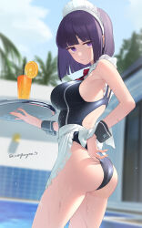 1girl :/ adjusting_clothes adjusting_swimsuit apron ass bare_shoulders black_hair black_one-piece_swimsuit black_wrist_cuffs blunt_bangs blunt_ends blurry blurry_background bob_cut breasts closed_mouth commentary_request cowboy_shot day eyelashes food frilled_apron frills from_side frown fruit glass highleg highleg_one-piece_swimsuit highres holding holding_tray jitome kanpa_(campagne_9) large_breasts looking_at_viewer maid maid_apron maid_headdress one-piece_swimsuit orange_(fruit) orange_slice original outdoors poolside purple_eyes sanpaku short_hair solo straight_hair swimsuit tray twitter_username wet white_apron wrist_cuffs