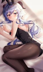 Rule 34 | absurdres, animal ears, bed, bed sheet, black leotard, black pantyhose, blue hair, blush, curled horns, educk, fake animal ears, ganyu (genshin impact), genshin impact, highres, horns, leotard, long hair, looking at viewer, low ponytail, lying, multicolored eyes, on side, pantyhose, playboy bunny, rabbit ears, rabbit tail, smile, solo, tail