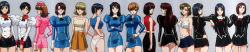 Rule 34 | 1990s (style), 6+girls, adjutant (agent aika), agent aika, aika (series), ascot, ass, ayumi (agent aika), black ascot, black delmo, black hair, black jacket, black skirt, blonde hair, blue bra, blue delmo, blue delmo b, blue delmo t, blue delmo u, blue delmo v, blue delmo w, blue eyes, blue hair, blue jacket, blue skirt, bra, breasts, brown eyes, brown hair, buttons, cleavage, collarbone, covered erect nipples, cowboy shot, crop top, crossed arms, delmo, delmogeny uniform, double-breasted, eri (agent aika), extra, front-tie top, garrison cap, grey background, hand on own hip, hands on own hips, hat, highleg, highleg panties, highres, jacket, juliet sleeves, lineup, long hair, long image, long sleeves, medium breasts, miniskirt, misaki (agent aika), multiple girls, naomi (agent aika), navel, nina esuko, official art, open mouth, panties, pantyshot, pencil skirt, pink delmo, pink headwear, pink jacket, pink skirt, pleated skirt, profile, puffy sleeves, red ascot, red hair, retro artstyle, rika (agent aika), screencap, shirt, short hair, skirt, standing, stitched, third-party edit, tied shirt, underwear, uniform, vivian (agent aika), white delmo, white jacket, white legwear, white panties, white shirt, wide image, yamauchi noriyasu, yuki (agent aika)