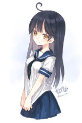Rule 34 | 10s, 1girl, :i, ahoge, bad id, bad pixiv id, black hair, brown eyes, capriccio, clothes pull, gradient background, hibanar, highres, kantai collection, long hair, looking at viewer, pleated skirt, pout, school uniform, serafuku, shirt pull, sketch, skirt, solo, tears, twitter username, ushio (kancolle)