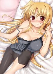 Rule 34 | 1girl, bed, blonde hair, blush, collarbone, fate testarossa, from above, highres, leggings, long hair, looking at viewer, lying, lyrical nanoha, on back, pillow, red eyes, solo