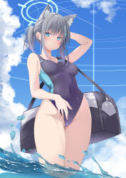 Rule 34 | 1girl, animal ear fluff, animal ears, arm up, black one-piece swimsuit, blue archive, blue eyes, blue sky, blush, breasts, breasts apart, ccloud, censored, commentary request, competition swimsuit, cross, cross hair ornament, day, extra ears, grey hair, hair ornament, halo, highres, inverted cross, medium breasts, multicolored clothes, multicolored swimsuit, ocean, official alternate costume, one-piece swimsuit, outdoors, ponytail, shiroko (blue archive), shiroko (swimsuit) (blue archive), sky, smile, solo, swimsuit, tomosuke, wading, wolf ears