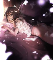 Rule 34 | 1girl, absurdres, ass, bed, black eyes, black hair, bleach, book, bottomless, breasts, covered erect nipples, female focus, grin, groin, hair between eyes, hand on own cheek, hand on own face, highres, indoors, kuchiki rukia, legs, looking at viewer, lying, maxi, medium breasts, on bed, on stomach, panties, unworn panties, pillow, shirt, short hair, smile, solo, steaming body, sweat, thighs, underwear, wet, wet clothes, wet shirt, white panties