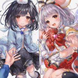 Rule 34 | 2girls, animal ears, black hair, black legwear, black skirt, blue jacket, bow, brooch, crop top, dual persona, fake animal ears, frilled skirt, frills, granblue fantasy, hair ornament, hairclip, headband, heart, heart-shaped pillow, heart brooch, highres, holding, holding hands, jacket, jewelry, long sleeves, looking at viewer, midriff, miniskirt, mouse (animal), multiple girls, ooluoul, pillow, red eyes, skirt, tears, vikala (granblue fantasy), white background, white hair, white legwear, white skirt