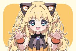 Rule 34 | 1girl, :d, black shirt, blue eyes, bow, brown background, claw pose, collared shirt, fangs, grey bow, hair between eyes, hair intakes, hands up, headgear, looking at viewer, mechuragi, open mouth, orange background, seeu, shirt, smile, solo, star (symbol), star in eye, symbol in eye, teeth, two-tone background, upper teeth only, vocaloid, wrist cuffs