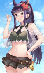 Rule 34 | 1girl, animal ears, belt, bikini, black skirt, blue sky, blunt bangs, blush, bracelet, breasts, brown belt, closed mouth, cloud, commentary request, day, flower, hair flower, hair ornament, hand on own hip, hand up, highres, jewelry, kasumi (princess connect!), kasumi (summer) (princess connect!), long hair, looking at viewer, medium breasts, midriff, navel, princess connect!, purple eyes, purple hair, sixteenpo, skirt, sky, smile, solo, swimsuit, thighs