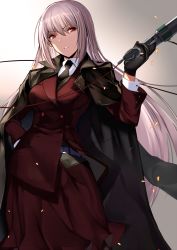 Rule 34 | 1girl, alternate costume, alternate hairstyle, black gloves, black necktie, breasts, buttons, cape, coat, double-breasted, embers, fate/grand order, fate (series), florence nightingale (fate), florence nightingale (formal dress) (fate), formal, gloves, gun, hand on own hip, handgun, highres, jacket, jacket on shoulders, karlwolf, long hair, long skirt, necktie, pistol, red eyes, shirt, silver hair, simple background, skirt, skirt suit, solo, suit, very long hair, vest, weapon, white shirt