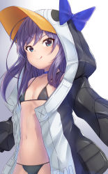 Rule 34 | 1girl, :q, absurdres, animal hood, bikini, bikini under clothes, black bikini, black jacket, blue bow, blue choker, blue eyes, bow, breasts, choker, closed mouth, collarbone, commentary request, fate/grand order, fate (series), highres, hood, hood up, hooded jacket, jacket, long hair, long sleeves, meltryllis, meltryllis (fate), meltryllis (swimsuit lancer) (fate), meltryllis (swimsuit lancer) (first ascension) (fate), navel, open clothes, open jacket, penguin hood, ponta (velmar), purple hair, sleeves past fingers, sleeves past wrists, small breasts, smile, solo, swimsuit, tongue, tongue out