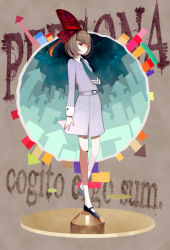 Rule 34 | 1girl, aralez, arm at side, arrow (projectile), atlus, belt, black footwear, bob cut, brown hair, bug, butterfly, butterfly on head, copyright name, faux figurine, full body, insect, kneehighs, long sleeves, looking away, necktie, persona, persona 1, school uniform, shaded face, shoes, short hair, skirt, skirt set, socks, solo, sonomura maki, standing, standing on one leg, text focus, triangle, white socks