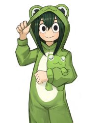 Rule 34 | 1girl, :&gt;, absurdres, animal costume, asui tsuyu, boku no hero academia, commentary, commission, dark green hair, english commentary, frog costume, hair between eyes, highres, hood, hood up, long sleeves, looking at viewer, pixiv commission, simple background, smile, solo, sookmo, stuffed animal, stuffed frog, stuffed toy, white background