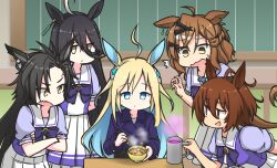 Rule 34 | 5girls, agnes tachyon (umamusume), ahoge, air shakur (umamusume), animal ears, black hair, blonde hair, blue coat, blue eyes, blue hair, bow, bowl, bowtie, bright pupils, brown hair, buttons, chemical structure, chopsticks, classroom, coat, colored inner hair, commentary request, crossed arms, cup, double-breasted, ear piercing, earrings, eyebrow piercing, frilled skirt, frills, hair between eyes, hair ornament, hairclip, hamu koutarou, highres, holding, holding bowl, holding chopsticks, holding cup, horse ears, horse girl, horseshoe ornament, jewelry, jungle pocket (umamusume), long bangs, long hair, manhattan cafe (umamusume), messy hair, miso soup, multicolored hair, multiple girls, neo universe (umamusume), notched ear, open mouth, partial commentary, piercing, pleated skirt, puffy short sleeves, puffy sleeves, purple bow, purple bowtie, purple serafuku, purple shirt, red eyes, sailor collar, sailor shirt, school uniform, serafuku, sharp teeth, shirt, short hair, short sleeves, single earring, sitting, skirt, streaked hair, teeth, tracen academy, tracen school uniform, tracen winter coat, umamusume, white hair, white skirt, yellow eyes