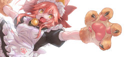 Rule 34 | 1girl, animal ear fluff, animal ears, animal hands, apron, bell, black dress, blush, bow, breasts, collar, dress, fangs, fate/extra, fate/grand order, fate (series), fox ears, fox girl, frills, gloves, hair between eyes, hair bow, jingle bell, large breasts, long hair, looking at viewer, maid, maid apron, maid headdress, neck bell, open mouth, outstretched arm, paw gloves, pink hair, ponytail, puffy short sleeves, puffy sleeves, reaching, reaching towards viewer, red bow, ringed eyes, short sleeves, sidelocks, simple background, smile, solo, tamamo (fate), tamamo cat (fate), tamamo cat (second ascension) (fate), torichamaru, white apron, white background, yellow eyes