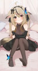 Rule 34 | 1girl, absurdres, animal ear fluff, animal ears, ankle ribbon, bare shoulders, black dress, black hair, black pantyhose, blonde hair, breasts, buran buta, butterfly hair ornament, character request, check character, check copyright, commission, copyright request, detached sleeves, dress, ears down, fox ears, fox girl, hair ornament, hairband, halo, happy, highres, leg ribbon, long hair, multicolored hair, no shoes, on bed, pantyhose, pillow, red eyes, ribbon, short dress, signature, sitting, skeb commission, sleeveless, sleeveless dress, small breasts, smile, thighband pantyhose, two-tone hair, very long hair, vrchat