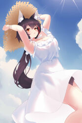 Rule 34 | 1girl, absurdres, animal ear fluff, animal ears, armpits, arms up, black hair, blue sky, bracelet, breasts, cleavage, cloud, commentary, double-parted bangs, dress, hair between eyes, hair ornament, hairclip, hashtag-only commentary, hat, highres, hololive, jewelry, large breasts, long hair, looking at viewer, low-tied long hair, multicolored hair, necklace, ookami mio, open mouth, red hair, sky, solo, straw hat, streaked hair, sundress, sunlight, symbol-only commentary, tail, tail around own leg, tail wrap, thighs, virtual youtuber, white dress, wolf ears, wolf girl, wolf tail, xiaodong327399, yellow eyes