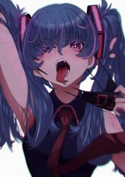 Rule 34 | 1girl, absurdres, arm behind head, bare shoulders, blue hair, fangs, half-closed eye, hatsune miku, highres, long hair, looking at viewer, mask, mask pull, mouth mask, necktie, open mouth, purple eyes, r-man, saliva, simple background, sleeveless, solo, teeth, tongue, tongue out, twintails, vocaloid, white background