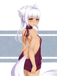 Rule 34 | 1girl, animal ears, artist name, ass, back, backless dress, backless outfit, bare back, bare shoulders, blunt bangs, breasts, cowboy shot, dark-skinned female, dark skin, dress, female focus, fox ears, fox tail, from behind, hair bun, halterneck, highres, looking at viewer, looking back, meme attire, naked sweater, nealayiskah, no bra, no panties, open mouth, original, purple dress, ribbed sweater, shoulder blades, sideboob, sidelocks, single hair bun, small breasts, solo, sweater, sweater dress, tail, turtleneck, turtleneck sweater, virgin killer sweater, white hair, white tail, yellow eyes
