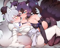 Rule 34 | !, 2girls, alternate breast size, animal ears, aqua eyes, arm around back, asymmetrical docking, bare shoulders, bent over, big hair, black hair, black legwear, blush, bone necklace, breast press, breasts, cerberus (kemono friends), cleavage, closed mouth, collar, commentary request, cutoffs, detached collar, dog ears, elbow gloves, extra ears, face-to-face, fingerless gloves, frills, fur collar, girl on top, gloves, grey hair, hand on another&#039;s ass, hand on another&#039;s back, hand on another&#039;s thigh, highres, huge breasts, imminent kiss, japanese clothes, kemono friends, kimono, kneeling, large breasts, pantyhose under shorts, long sleeves, looking at another, lying, makami (kemono friends), multicolored hair, multiple girls, musical note, nose blush, off shoulder, on back, paid reward available, pantyhose, purple hair, scar, scar across eye, scar on face, shiny clothes, shiny skin, short hair with long locks, short shorts, shorts, sidelocks, smile, spiked collar, spikes, spoken exclamation mark, spoken musical note, strapless, tail, tanaka kusao, tube top, two-tone hair, two side up, white gloves, wolf ears, wolf girl, wolf tail, yellow eyes, yuri