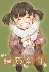 Rule 34 | 1girl, black pantyhose, blush, boots, breath, brown hair, coat, closed eyes, green background, grin, original, pantyhose, scarf, short hair, short twintails, smile, snow, snowball, solo, twintails, white scarf, yuuryuu nagare