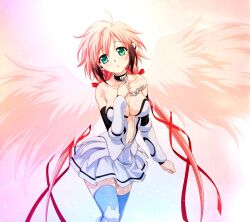Rule 34 | 1girl, angel wings, bare shoulders, black hair, blush, breasts, chain, cleavage, collar, collarbone, commentary request, feathered wings, gradient hair, green eyes, hair ornament, hair ribbon, highres, ikaros, large breasts, long hair, looking at viewer, midriff, multicolored hair, navel, open mouth, pink hair, ribbon, robot ears, simple background, solo, sora no otoshimono, thighhighs, twintails, two-tone hair, watanabe yoshihiro, wings, zettai ryouiki