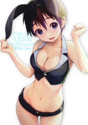 Rule 34 | 1girl, 5saiji, animal ears, bad id, bad twitter id, black shorts, black vest, blue eyes, breasts, cleavage, commentary, cowboy shot, crop top, english text, fake animal ears, head tilt, highres, large breasts, looking at viewer, medium breasts, micro shorts, milestone celebration, navel, open mouth, original, purple hair, rabbit ears, short hair, shorts, simple background, smile, solo, standing, twitter username, very short hair, vest, white background