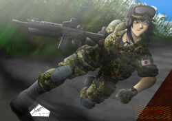 Rule 34 | absurdres, action, artist name, assault rifle, battle rifle, black hair, boots, brown eyes, cloud, cloudy sky, deviantart username, digital watch, dogtags, eotech, finger on trigger, fist, gloves, goggles, grass, grenade launcher, gun, hat, headset, highres, japan ground self-defense force, japan self-defense force, japanese flag, knee pads, looking to the side, m203, military, military hat, military uniform, original, panzerfire, path, pixiv username, ponytail, rifle, road, running, sky, type 89 grenade discharger, underbarrel grenade launcher, uniform, watch, weapon