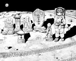 Rule 34 | 1girl, astronaut, buddhism, crater, earth (planet), greyscale, highres, looking at viewer, monochrome, moon, moon rabbit, on moon, original, outdoors, planet, rock, shadow, smile, solo, statue, translation request, wide shot, zinbei