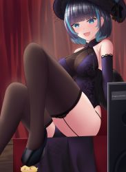 Rule 34 | 1girl, absurdres, azur lane, bare shoulders, black footwear, black thighhighs, blue eyes, blush, breasts, cheshire (azur lane), cheshire (cait sith crooner) (azur lane), china dress, chinese clothes, cleavage, dress, elbow gloves, garter straps, gloves, high heels, highres, looking down, manjuu (azur lane), medium breasts, medium hair, multicolored hair, official alternate costume, open mouth, purple dress, purple gloves, purple hair, purple headwear, see-through, see-through cleavage, simple background, sitting, solo, thighhighs, thighs, togare, twitter username