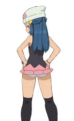 Rule 34 | 00s, 1girl, ass, beanie, black thighhighs, blue eyes, blue hair, blush, chiwino, clothes lift, creatures (company), dawn (pokemon), feet out of frame, female focus, from behind, game freak, hands on own hips, hat, long hair, looking at viewer, looking back, matching hair/eyes, microskirt, nintendo, open mouth, panties, pantyshot, pokemon, pokemon dppt, simple background, skirt, skirt lift, smile, solo, standing, thighhighs, underwear, white background, white panties